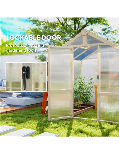 Outsunny 6.6 x 6ft Polycarbonate Greenhouse, Walk-in Wooden Greenhouse with Lockable Door and Window, Garden Plants Grow House, 