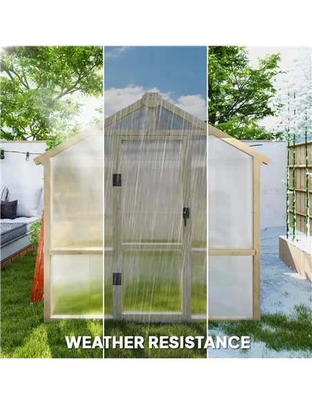 Outsunny 6.6 x 6ft Polycarbonate Greenhouse, Walk-in Wooden Greenhouse with Lockable Door and Window, Garden Plants Grow House, 