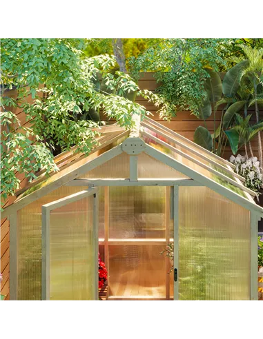 Outsunny 6.6 x 6ft Polycarbonate Greenhouse, Walk-in Wooden Greenhouse with Lockable Door and Window, Garden Plants Grow House, 
