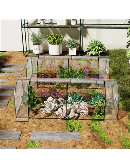 Outsunny Set of 2 Tunnel Greenhouse, Green Grow House with Roll-up Door, Steel Frame, Plastic Cover for Garden, Outdoor, 250 x 1