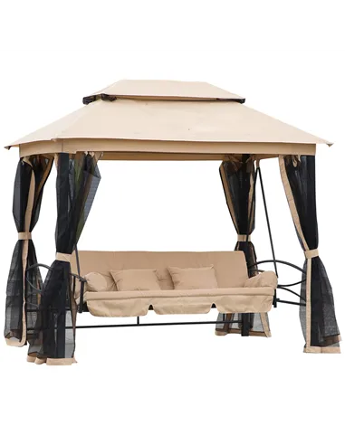 Outsunny 3 Seater Swing Chair 3-in-1 Convertible Garden Swing Seat Bed Gazebo Patio Bench Outdoor with Double Tier Canopy, Cushi
