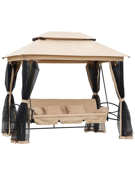Outsunny 3 Seater Swing Chair 3-in-1 Convertible Garden Swing Seat Bed Gazebo Patio Bench Outdoor with Double Tier Canopy, Cushi