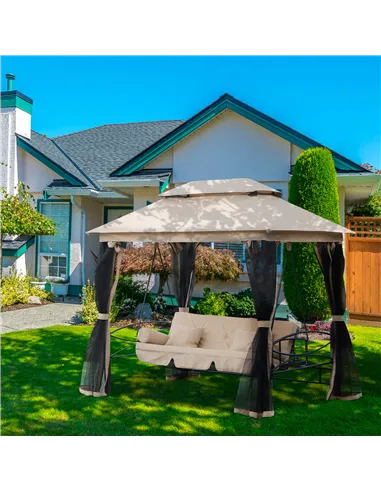 Outsunny 3 Seater Swing Chair 3-in-1 Convertible Garden Swing Seat Bed Gazebo Patio Bench Outdoor with Double Tier Canopy, Cushi