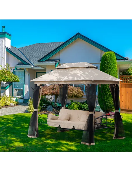 Outsunny 3 Seater Swing Chair 3-in-1 Convertible Garden Swing Seat Bed Gazebo Patio Bench Outdoor with Double Tier Canopy, Cushi