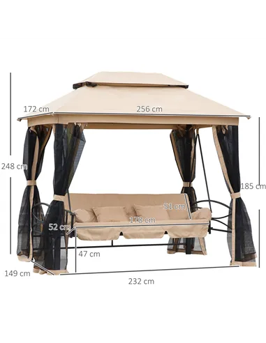 Outsunny 3 Seater Swing Chair 3-in-1 Convertible Garden Swing Seat Bed Gazebo Patio Bench Outdoor with Double Tier Canopy, Cushi