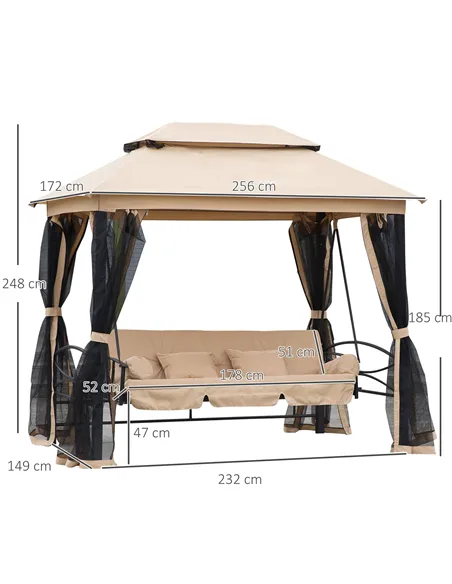 Outsunny 3 Seater Swing Chair 3-in-1 Convertible Garden Swing Seat Bed Gazebo Patio Bench Outdoor with Double Tier Canopy, Cushi