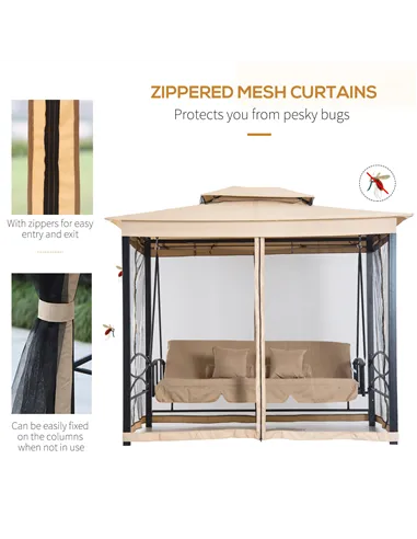 Outsunny 3 Seater Swing Chair 3-in-1 Convertible Garden Swing Seat Bed Gazebo Patio Bench Outdoor with Double Tier Canopy, Cushi