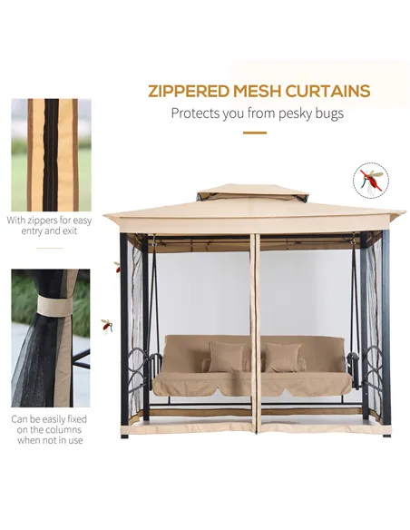 Outsunny 3 Seater Swing Chair 3-in-1 Convertible Garden Swing Seat Bed Gazebo Patio Bench Outdoor with Double Tier Canopy, Cushi