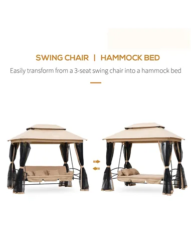 Outsunny 3 Seater Swing Chair 3-in-1 Convertible Garden Swing Seat Bed Gazebo Patio Bench Outdoor with Double Tier Canopy, Cushi