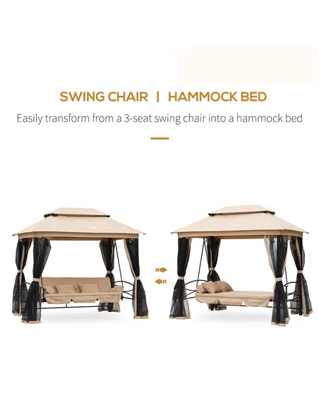 Outsunny 3 Seater Swing Chair 3-in-1 Convertible Garden Swing Seat Bed Gazebo Patio Bench Outdoor with Double Tier Canopy, Cushi