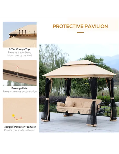 Outsunny 3 Seater Swing Chair 3-in-1 Convertible Garden Swing Seat Bed Gazebo Patio Bench Outdoor with Double Tier Canopy, Cushi