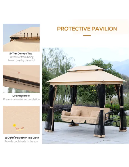 Outsunny 3 Seater Swing Chair 3-in-1 Convertible Garden Swing Seat Bed Gazebo Patio Bench Outdoor with Double Tier Canopy, Cushi