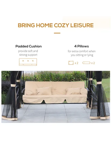 Outsunny 3 Seater Swing Chair 3-in-1 Convertible Garden Swing Seat Bed Gazebo Patio Bench Outdoor with Double Tier Canopy, Cushi