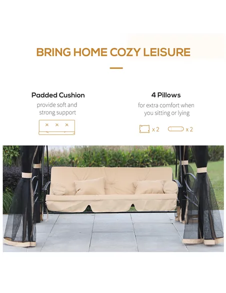 Outsunny 3 Seater Swing Chair 3-in-1 Convertible Garden Swing Seat Bed Gazebo Patio Bench Outdoor with Double Tier Canopy, Cushi