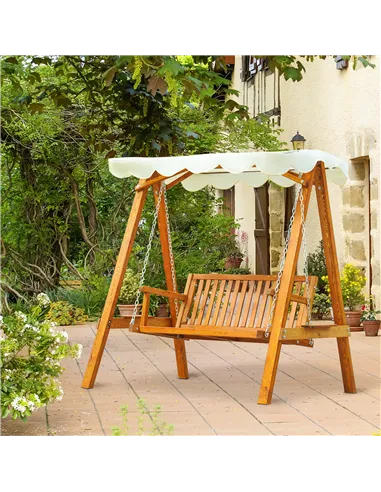 Outsunny 2 Seater Garden Swing Seat with Canopy, Wooden Swing Chair, Outdoor Hammock Bench for Balcony Patio Porch, Cream White