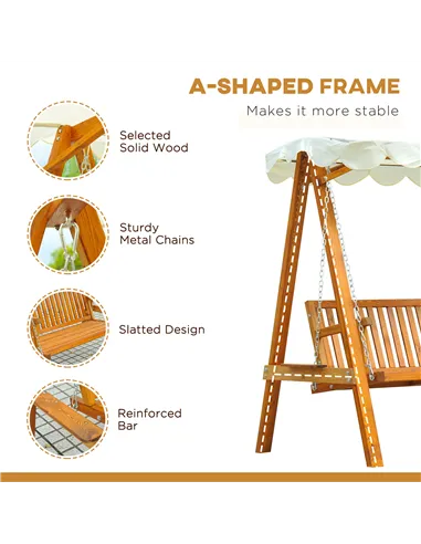 Outsunny 2 Seater Garden Swing Seat with Canopy, Wooden Swing Chair, Outdoor Hammock Bench for Balcony Patio Porch, Cream White