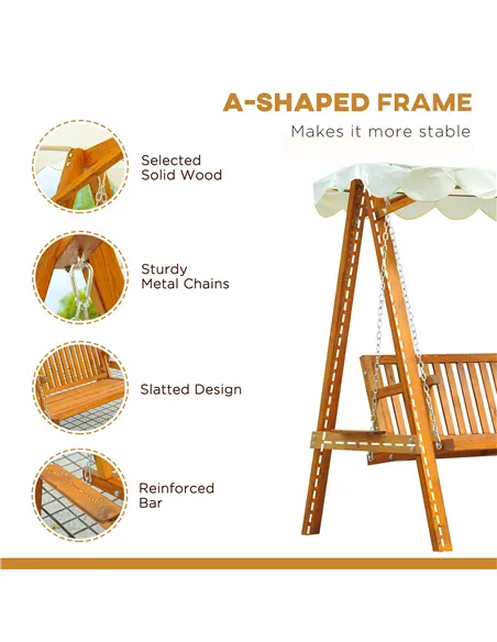Outsunny 2 Seater Garden Swing Seat with Canopy, Wooden Swing Chair, Outdoor Hammock Bench for Balcony Patio Porch, Cream White