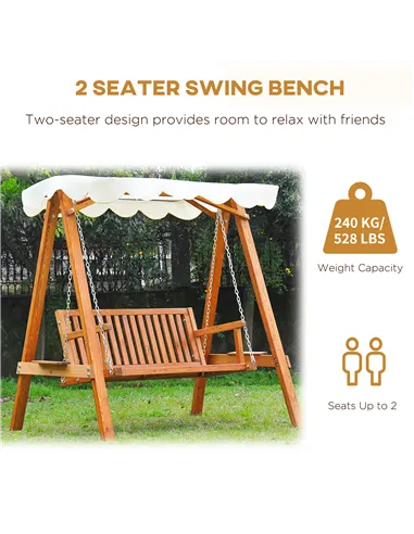 Outsunny 2 Seater Garden Swing Seat with Canopy, Wooden Swing Chair, Outdoor Hammock Bench for Balcony Patio Porch, Cream White