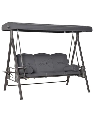 Outsunny 3 Seater Garden Swing Chair Outdoor Hammock Bench w/ Adjustable Canopy, Cushions and Cup Trays, Brown Steel Frame, Dark