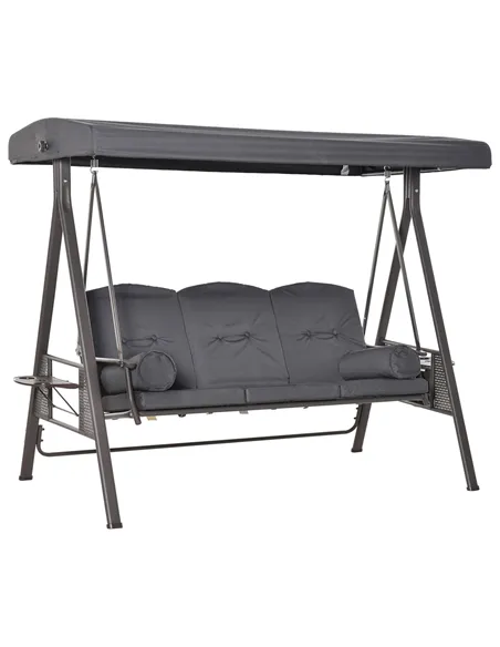 Outsunny 3 Seater Garden Swing Chair Outdoor Hammock Bench w/ Adjustable Canopy, Cushions and Cup Trays, Brown Steel Frame, Dark