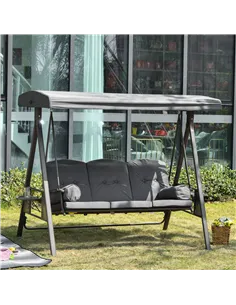 Outsunny 3 Seater Garden Swing Chair Outdoor Hammock Bench w/ Adjustable Canopy, Cushions and Cup Trays, Brown Steel Frame, Dark 2