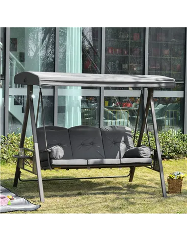 Outsunny 3 Seater Garden Swing Chair Outdoor Hammock Bench w/ Adjustable Canopy, Cushions and Cup Trays, Brown Steel Frame, Dark