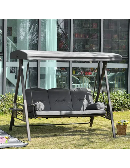 Outsunny 3 Seater Garden Swing Chair Outdoor Hammock Bench w/ Adjustable Canopy, Cushions and Cup Trays, Brown Steel Frame, Dark