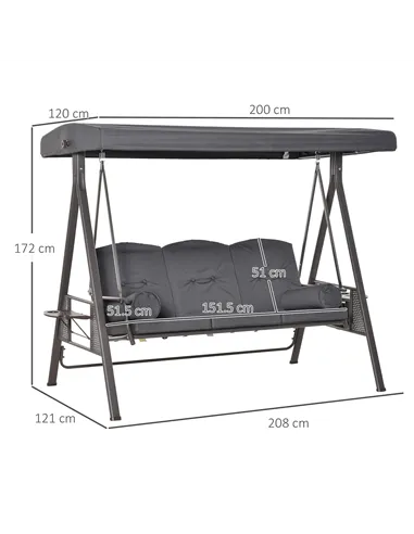 Outsunny 3 Seater Garden Swing Chair Outdoor Hammock Bench w/ Adjustable Canopy, Cushions and Cup Trays, Brown Steel Frame, Dark