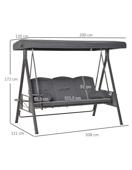 Outsunny 3 Seater Garden Swing Chair Outdoor Hammock Bench w/ Adjustable Canopy, Cushions and Cup Trays, Brown Steel Frame, Dark