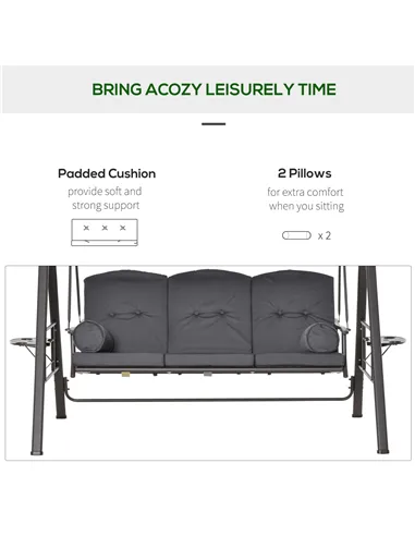 Outsunny 3 Seater Garden Swing Chair Outdoor Hammock Bench w/ Adjustable Canopy, Cushions and Cup Trays, Brown Steel Frame, Dark