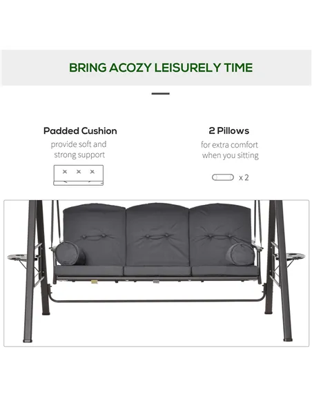 Outsunny 3 Seater Garden Swing Chair Outdoor Hammock Bench w/ Adjustable Canopy, Cushions and Cup Trays, Brown Steel Frame, Dark