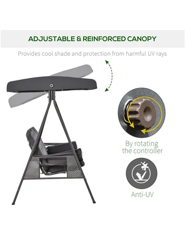 Outsunny 3 Seater Garden Swing Chair Outdoor Hammock Bench w/ Adjustable Canopy, Cushions and Cup Trays, Brown Steel Frame, Dark