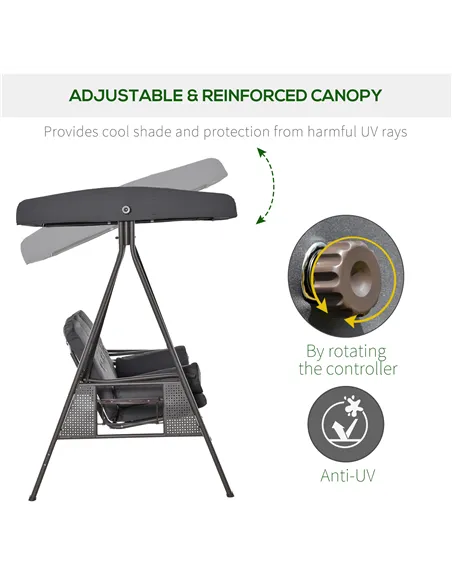 Outsunny 3 Seater Garden Swing Chair Outdoor Hammock Bench w/ Adjustable Canopy, Cushions and Cup Trays, Brown Steel Frame, Dark