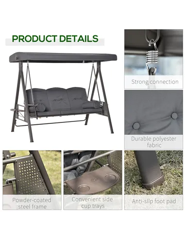 Outsunny 3 Seater Garden Swing Chair Outdoor Hammock Bench w/ Adjustable Canopy, Cushions and Cup Trays, Brown Steel Frame, Dark