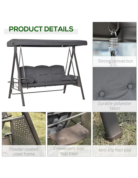 Outsunny 3 Seater Garden Swing Chair Outdoor Hammock Bench w/ Adjustable Canopy, Cushions and Cup Trays, Brown Steel Frame, Dark