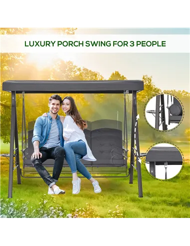 Outsunny 3 Seater Garden Swing Chair Outdoor Hammock Bench w/ Adjustable Canopy, Cushions and Cup Trays, Brown Steel Frame, Dark