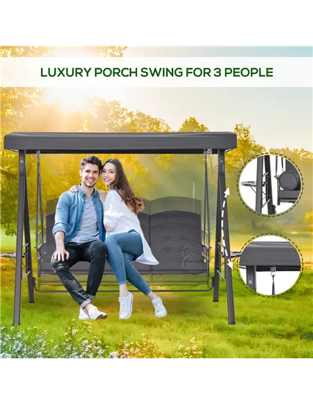 Outsunny 3 Seater Garden Swing Chair Outdoor Hammock Bench w/ Adjustable Canopy, Cushions and Cup Trays, Brown Steel Frame, Dark