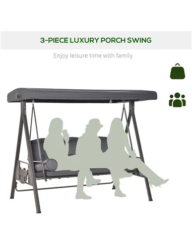 Outsunny 3 Seater Garden Swing Chair Outdoor Hammock Bench w/ Adjustable Canopy, Cushions and Cup Trays, Brown Steel Frame, Dark