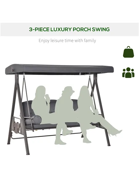 Outsunny 3 Seater Garden Swing Chair Outdoor Hammock Bench w/ Adjustable Canopy, Cushions and Cup Trays, Brown Steel Frame, Dark