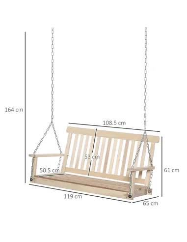 Outsunny Outdoor Wooden Swing Bench 2-Seater Porch Swing Chair Hanging Hammock Garden Furniture, Natural