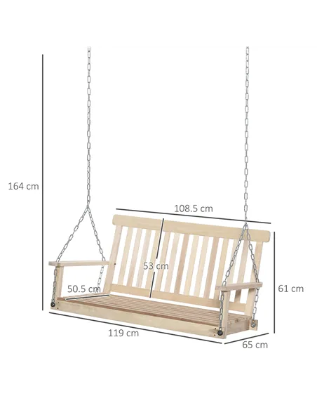 Outsunny Outdoor Wooden Swing Bench 2-Seater Porch Swing Chair Hanging Hammock Garden Furniture, Natural