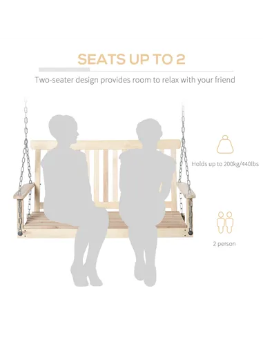 Outsunny Outdoor Wooden Swing Bench 2-Seater Porch Swing Chair Hanging Hammock Garden Furniture, Natural