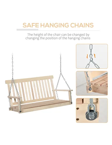 Outsunny Outdoor Wooden Swing Bench 2-Seater Porch Swing Chair Hanging Hammock Garden Furniture, Natural