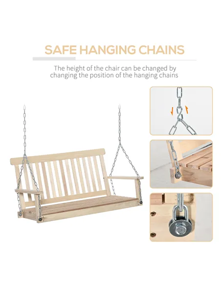 Outsunny Outdoor Wooden Swing Bench 2-Seater Porch Swing Chair Hanging Hammock Garden Furniture, Natural