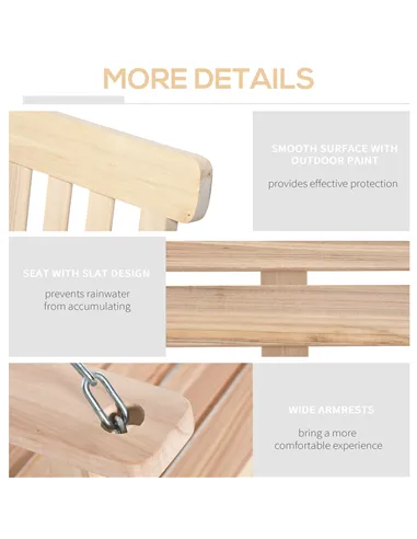 Outsunny Outdoor Wooden Swing Bench 2-Seater Porch Swing Chair Hanging Hammock Garden Furniture, Natural