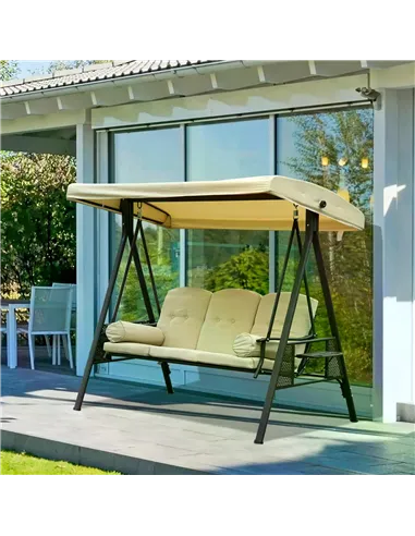 Outsunny Swing Chair Hammock Chair 3 Seater Canopy Cushion Shelter Outdoor Bench Steel Beige