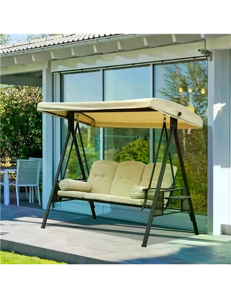 Outsunny Swing Chair Hammock Chair 3 Seater Canopy Cushion Shelter Outdoor Bench Steel Beige
