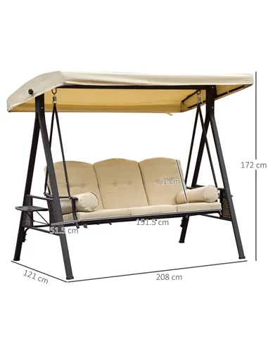 Outsunny Swing Chair Hammock Chair 3 Seater Canopy Cushion Shelter Outdoor Bench Steel Beige