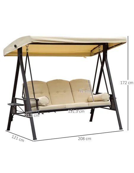 Outsunny Swing Chair Hammock Chair 3 Seater Canopy Cushion Shelter Outdoor Bench Steel Beige
