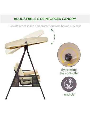 Outsunny Swing Chair Hammock Chair 3 Seater Canopy Cushion Shelter Outdoor Bench Steel Beige